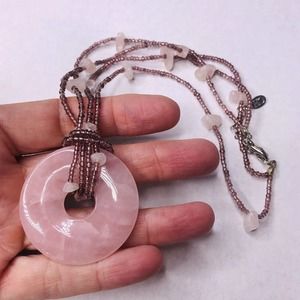 Rose Quartz Pendant Necklace Seed Bead Pink Silver Tone Stamped CH Round 15-17"